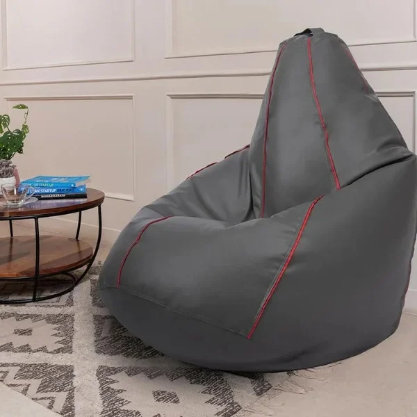 Bean Bag With Beans  Original Leatherette  Grey With Red Piping