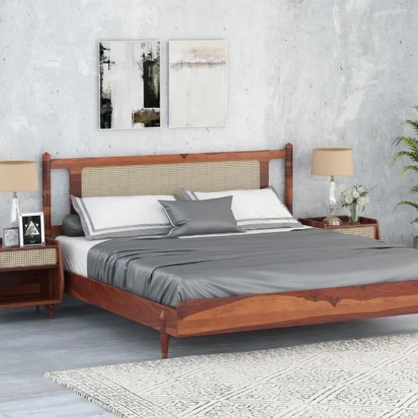 Kashli Sheesham Wood Cane King-Queen Size Bed Without Storage