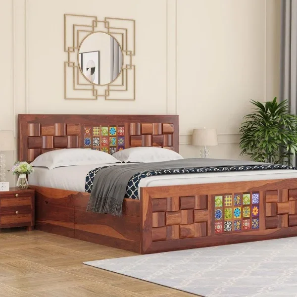 Lesy Sheesham Wood King-Queen Size Bed with Storage