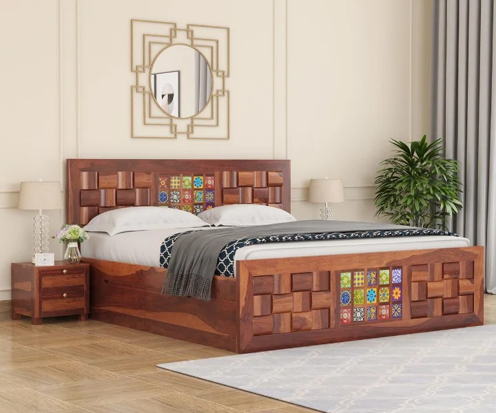 Lesy Sheesham Wood King-Queen Size Bed with Storage (9)