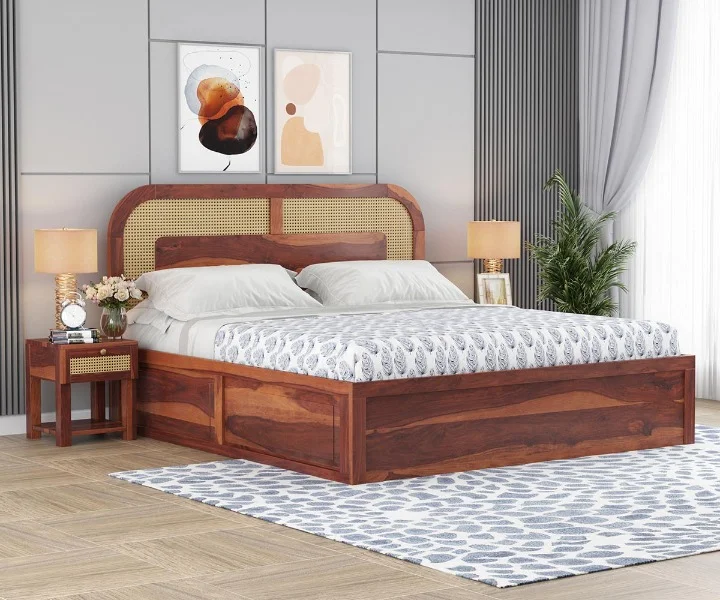 Rattan Sheesham Wood Cane KingQueen Size Bed With Storage (2)