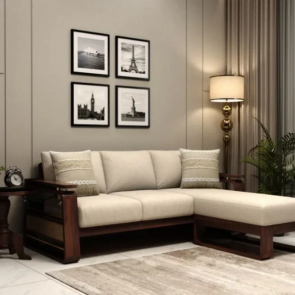 Vedic L Shape Sheesham Wood Sofa With Cane and Brass Detailing