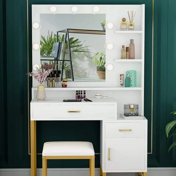 Dressing Table  White Vanity Set with Lighted Mirror & Stool