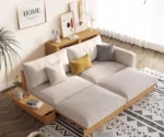 Japandi Solid Wood Sofa Bed with Liftable Armrest Storage Box
