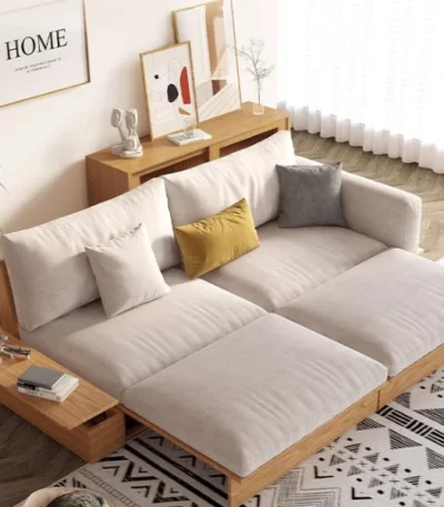 Japandi Solid Wood Sofa Bed with Liftable Armrest Storage Box