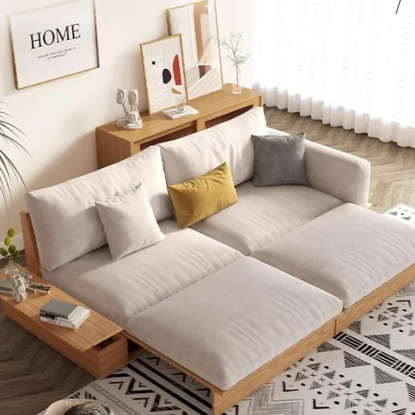 Japandi Solid Wood Sofa Bed with Liftable Armrest Storage Box