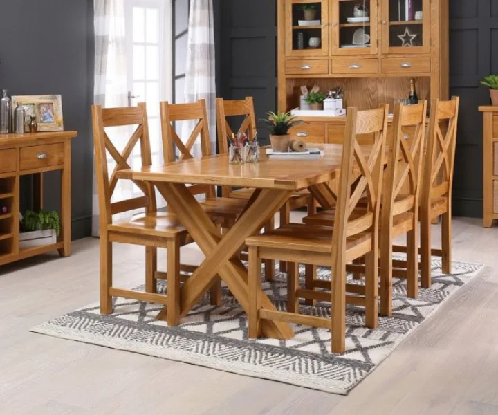 Solid Teak X Frame Dining Table + 6 Cross Back Chairs (1)