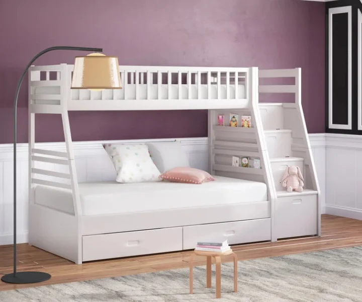 Twin over Twin Staircase Bunk Bed with Twin Size Trundle in White
