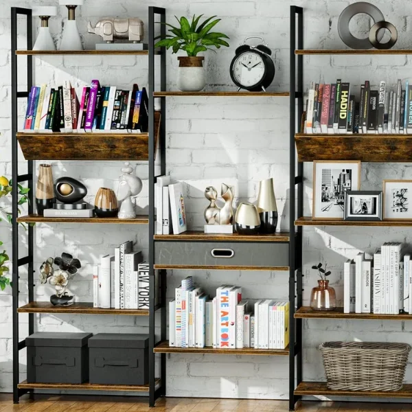 Adjustable 5 Tier Bookshelf for Home Office and Living Room, Vintage Brown