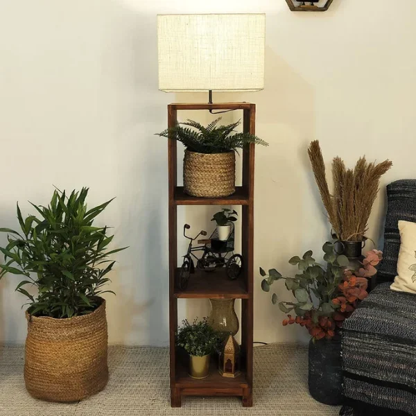 Genevieve Wooden Floor Lamp with Brown Base and Jute Fabric Lampshade
